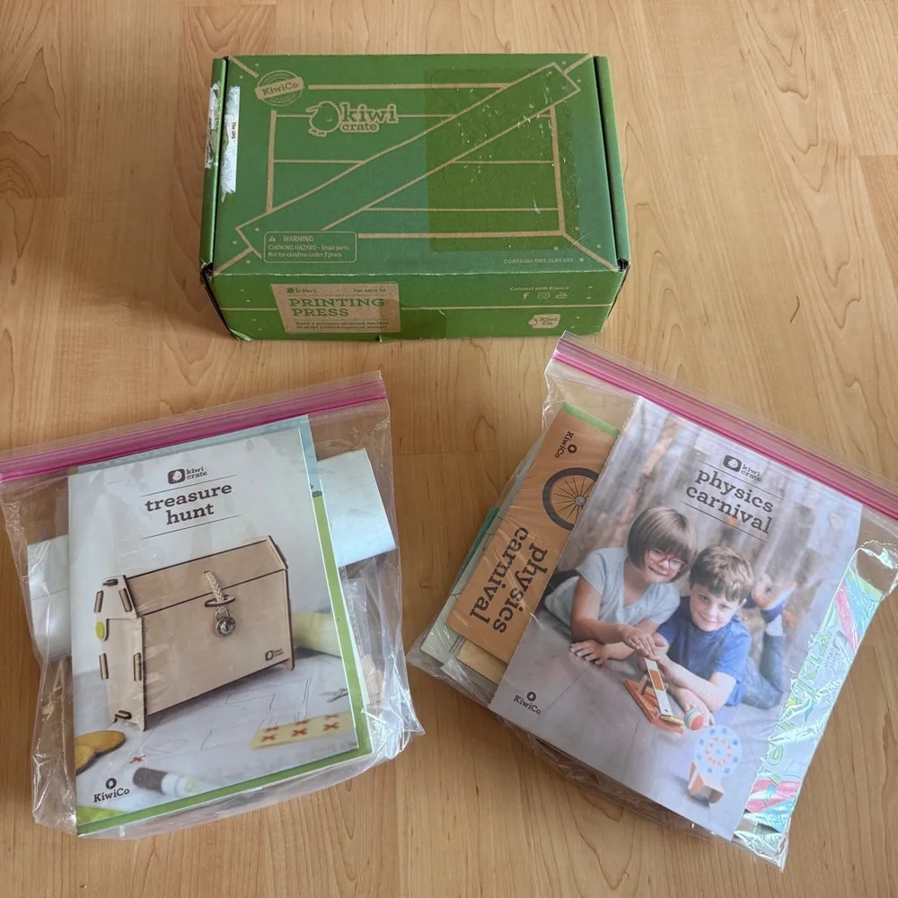 Lot of 3 NEW Kiwi Crates: Printing Press,Physics Carnival,Treasure Hunt, Ages 5+